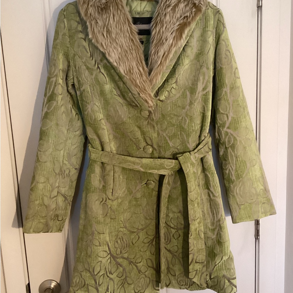 Penny Lane Jacquard Coat with Faux Fur Collar Sash Belted Quilted Satin Lining